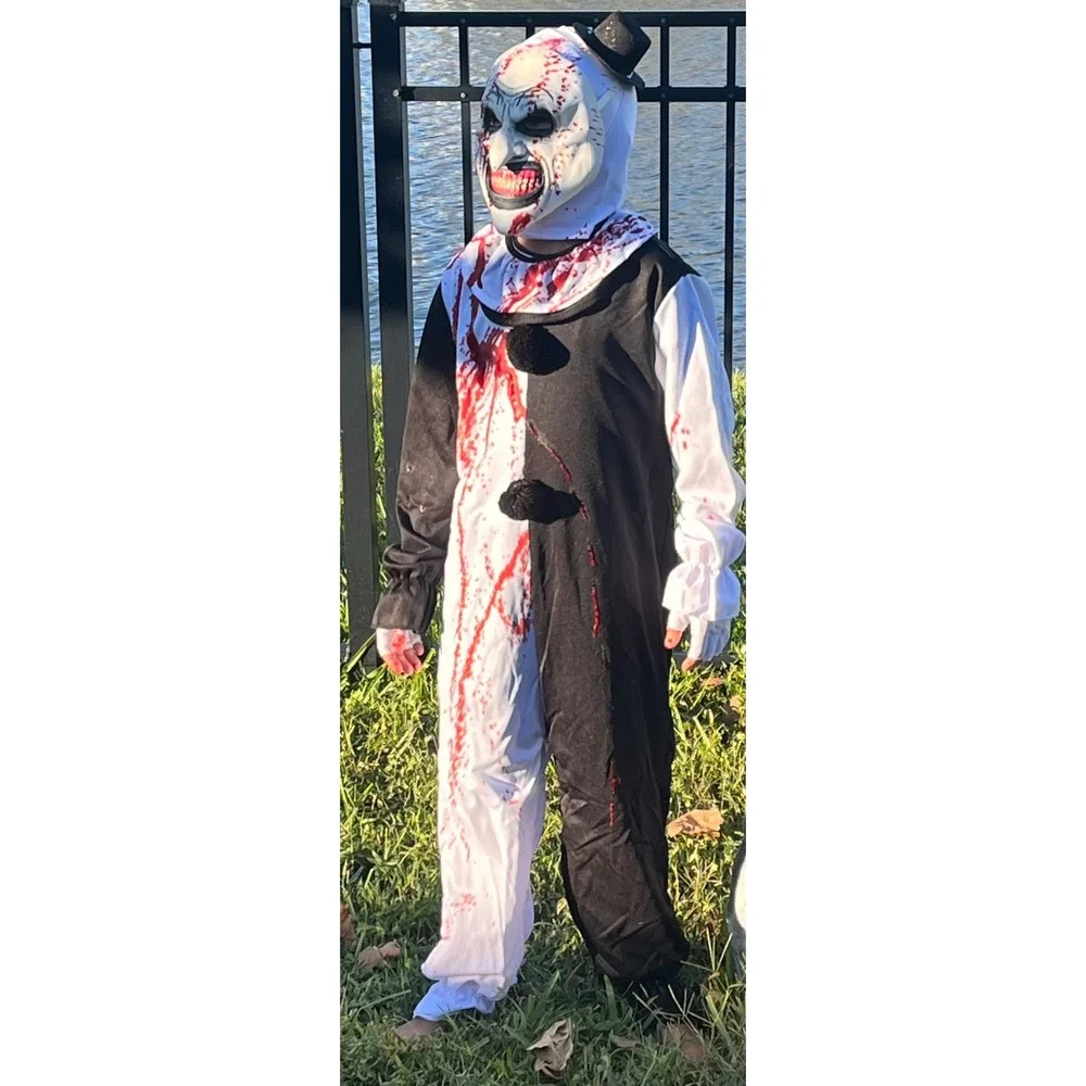 Childs Art the Clown Costume Terrifier Jumpsuit‎ Mask Hat Collar Gloves 8-10 - Picture 4 of 4